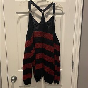 SHEIN Curve Striped Cold Shoulder Sweater in Black and Red